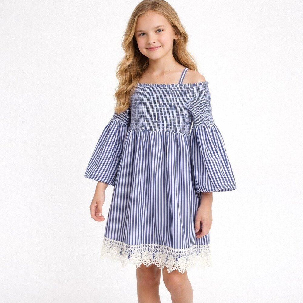 Rare Editions Blue White Stripe Off Shoulder Ruched Bell Sleeve Dress Girls 16